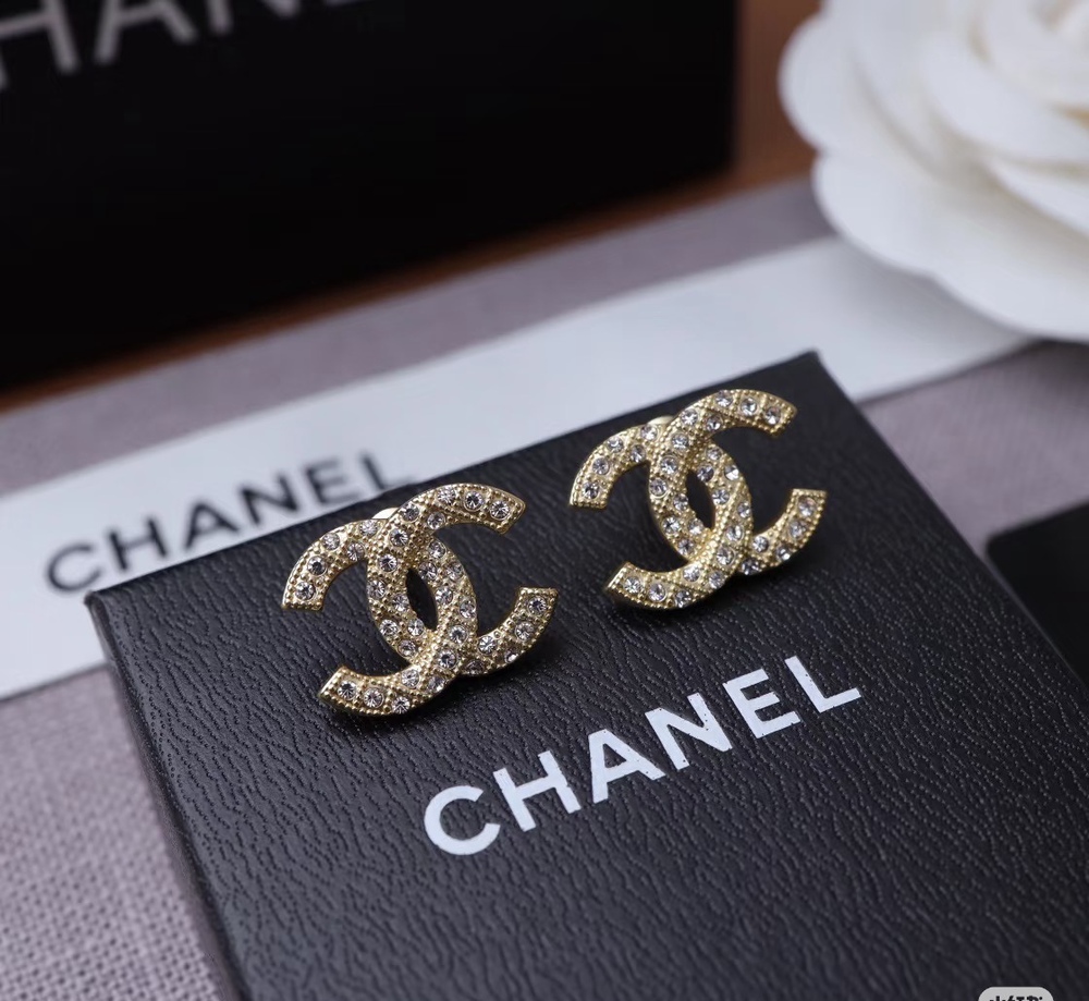 CHANEL Pave Crystal CC Logo Stud Earrings